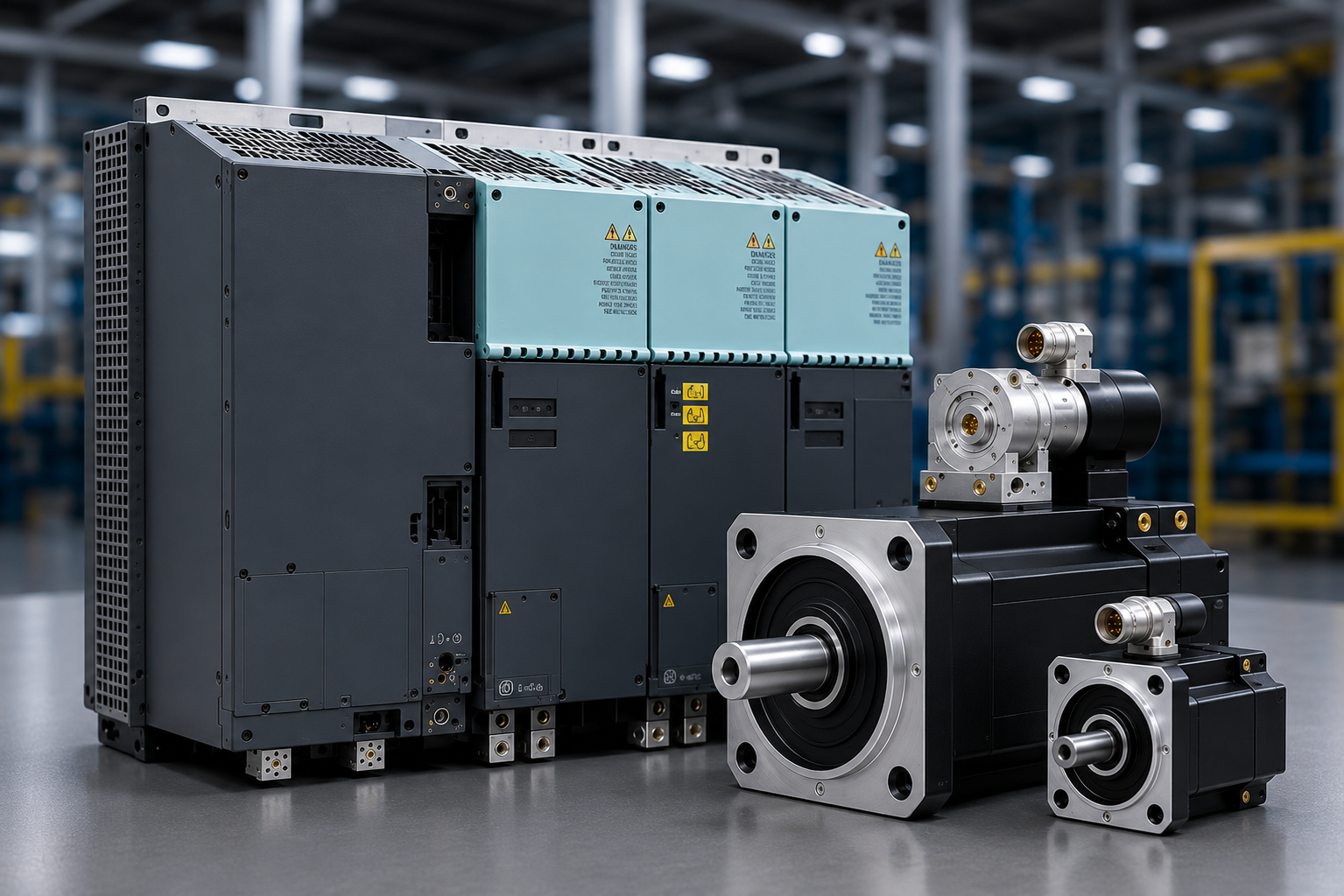 Industrial servo drives and servo motors on a factory floor